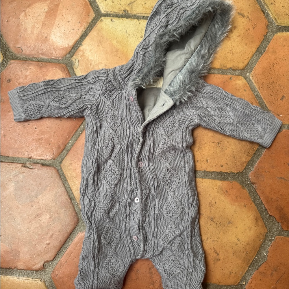 Gray Cable Knit Hooded Baby Onesie